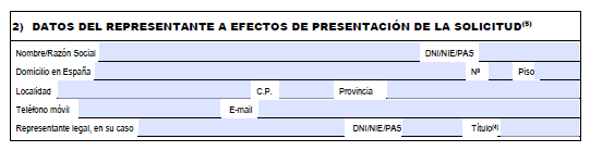 datos del representante a efectos de presentación de la solicitud